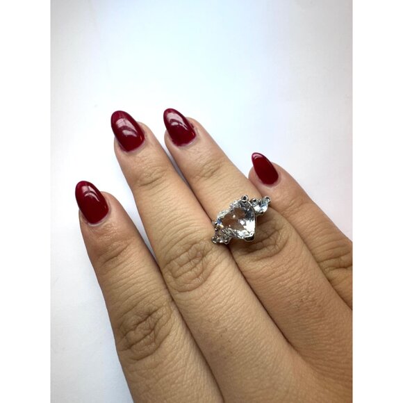 Estate Sterling Silver 925 Heart Cut Clear Stone Ring Size 5.75, 2.7 DWT - Picture 10 of 11